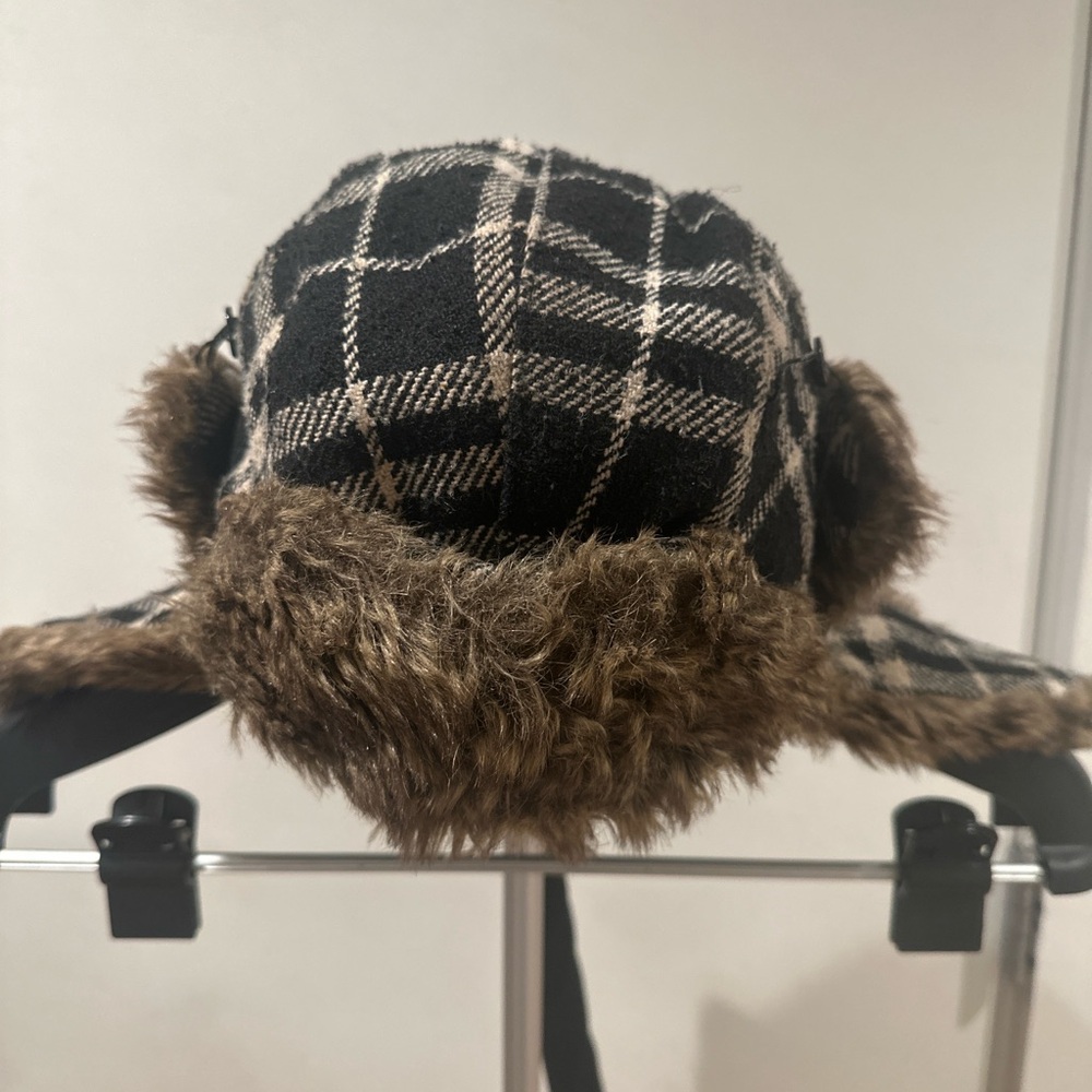 Black & Beige Plaid Trapper Hat Faux Fur Lined Winter Aviator Cap